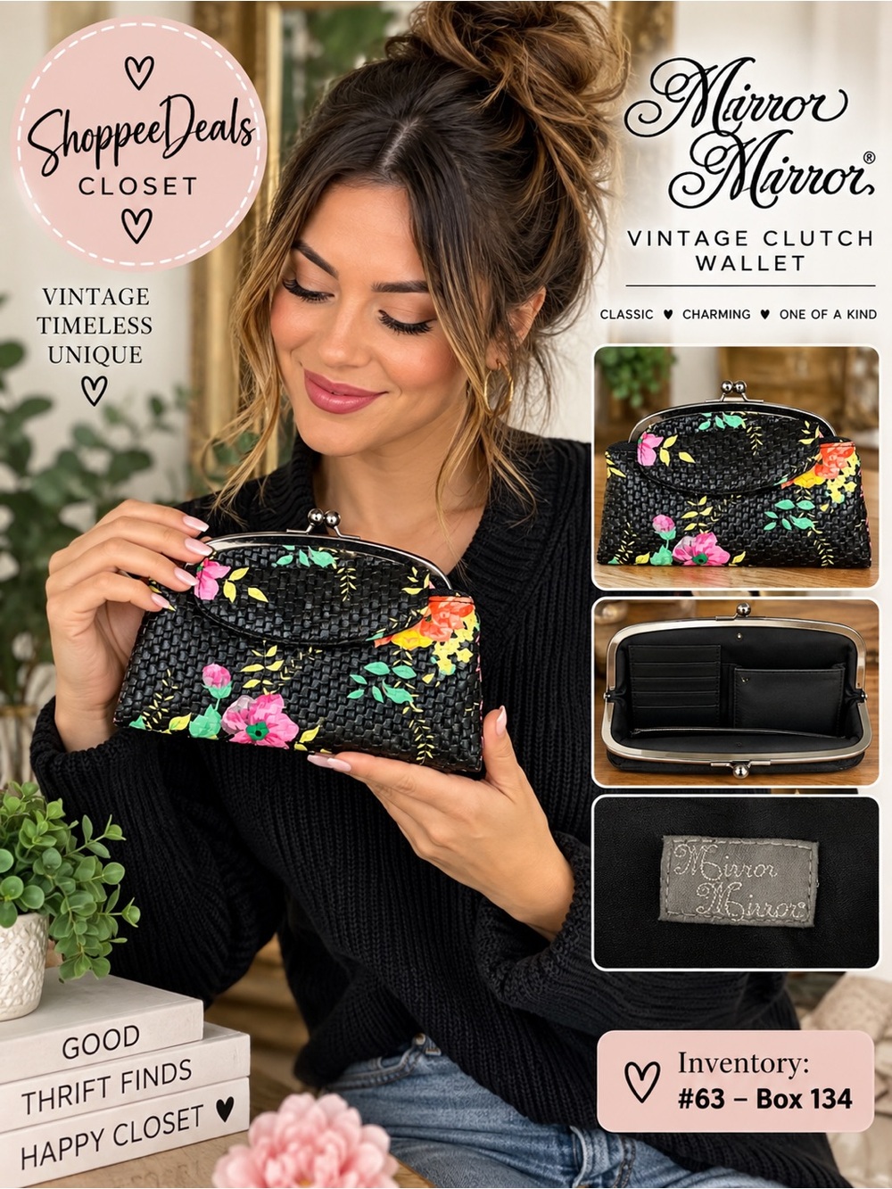 Vintage Mirror Mirror Black Woven Floral Clutch Wallet Coin Purse 8”